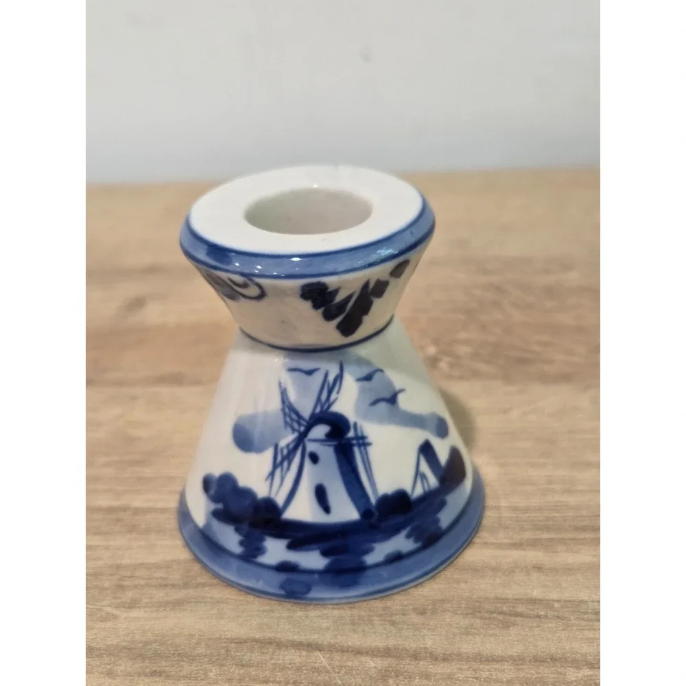 Vintage Delft Blue Holland Windmill Hand Painted Ceramic Taper Candle Holder 3''